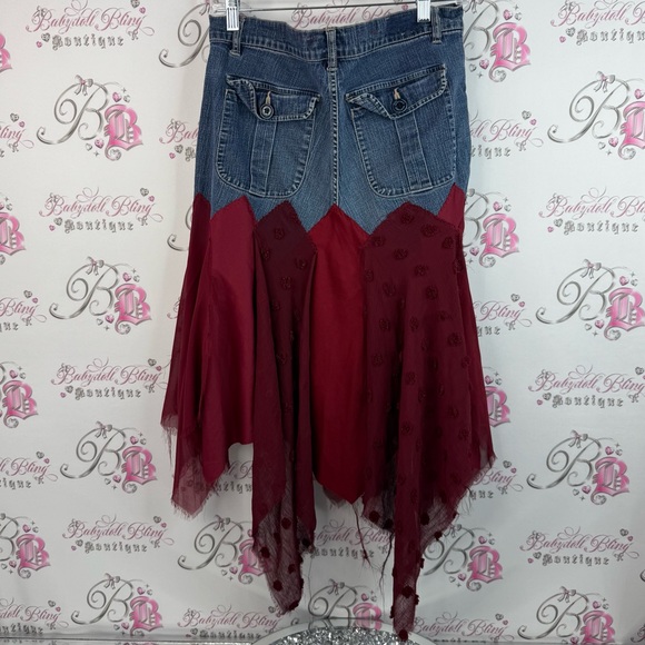 Once again fairy skirt Y2K red Asymmetrical Denim Waist Burgundy Tulle Skirt - Picture 2 of 12